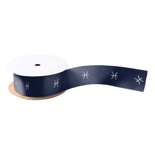Pisces Zodiac Symbol Navy Blue Carbon Fiber Print Satin Ribbon (Spool)