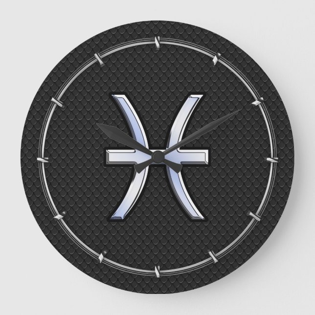 Pisces Zodiac Symbol on Black Snake Skin Decor Large Clock (Front)