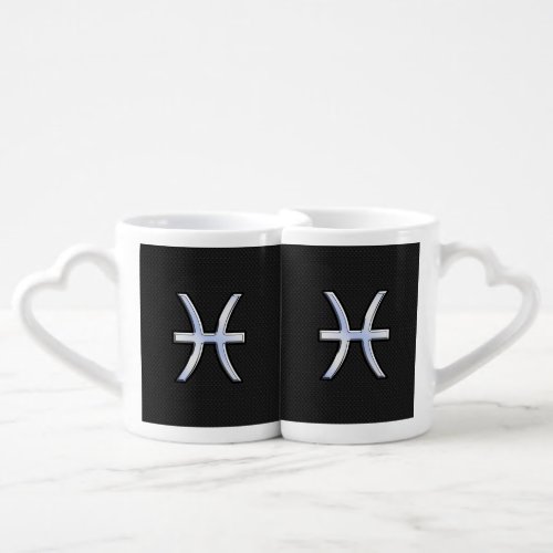 Pisces Zodiac Symbol on Black Snake Skin Style Coffee Mug Set