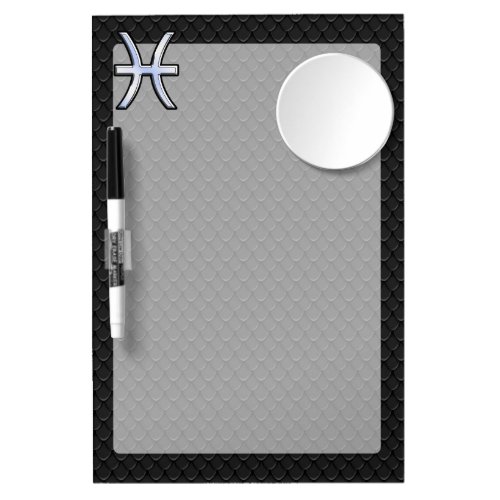 Pisces Zodiac Symbol on Black Snake Skin Style Dry Erase Board With Mirror