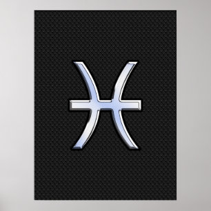 Pisces Zodiac Symbol on Black Snake Skin Style Poster