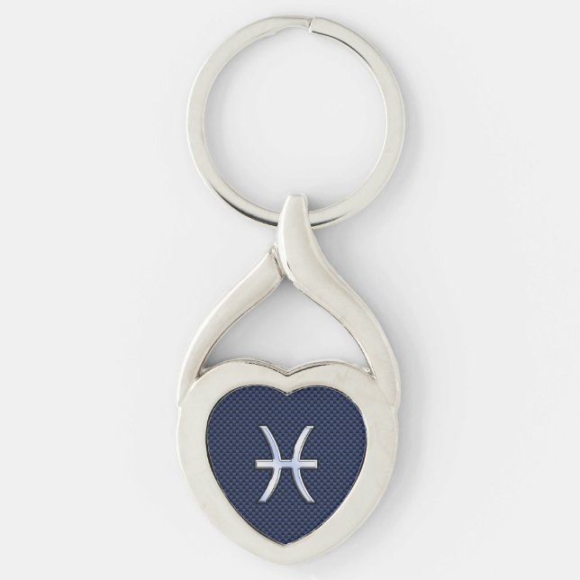 Pisces Zodiac Symbol on Blue Carbon Fiber Print Keychain (Front)