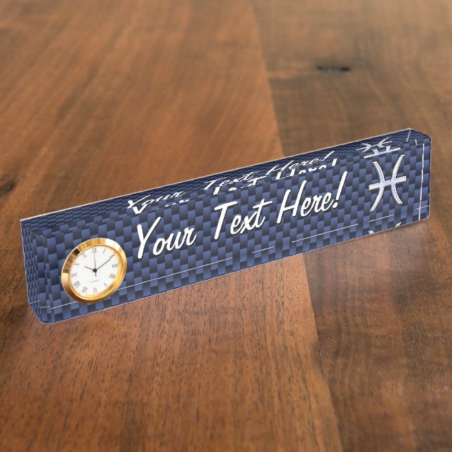 Pisces Zodiac Symbol on Blue Carbon Fiber Print Name Plate (Side)