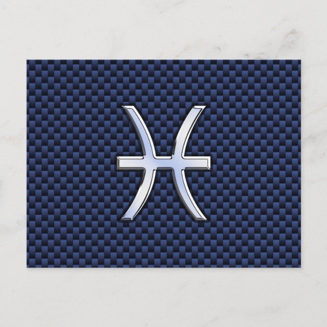 Pisces Zodiac Symbol on Blue Carbon Fiber Print Postcard (Front)