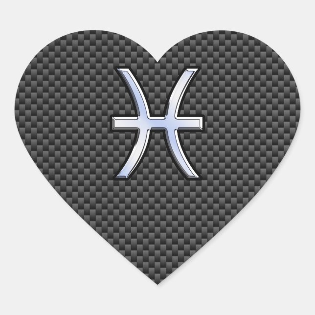 Pisces Zodiac Symbol on Carbon Fiber Print Heart Sticker (Front)