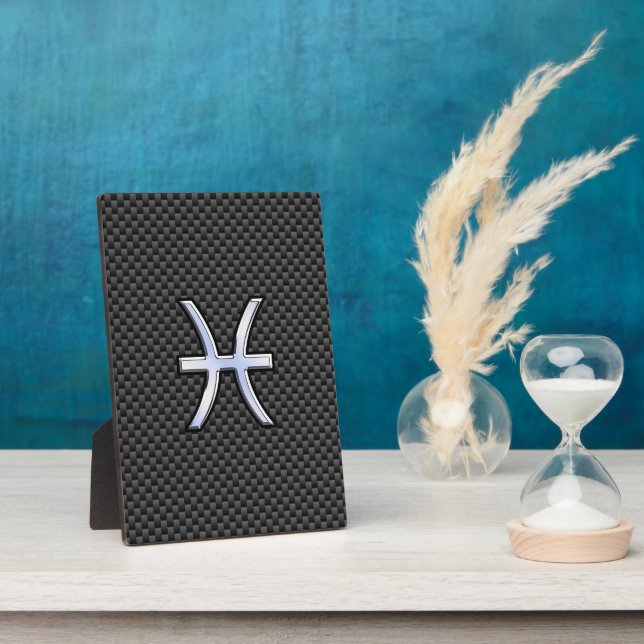 Pisces Zodiac Symbol on Carbon Fiber Print Plaque (Side)