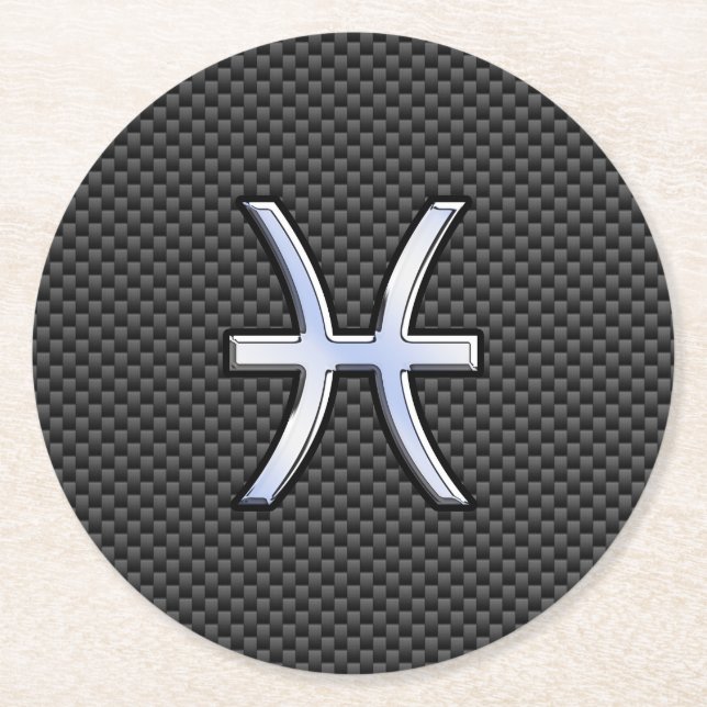 Pisces Zodiac Symbol on Carbon Fiber Print Round Paper Coaster (Front)