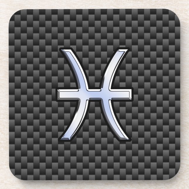 Pisces Zodiac Symbol on Carbon Fiber Style Beverage Coaster (Front)