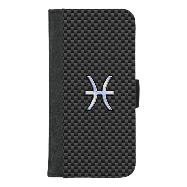 Pisces Zodiac Symbol on Carbon Fiber Style iPhone Wallet Case (Front)