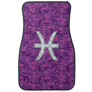 Pisces Zodiac Symbol on Fuchsia Digital Camo Car Mat