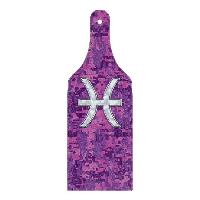 Pisces Zodiac Symbol on Fuchsia Digital Camo Cutting Board (Front)