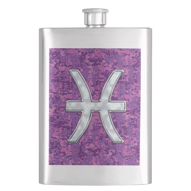 Pisces Zodiac Symbol on Fuchsia Digital Camo Flask (Front)