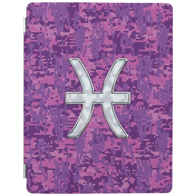Pisces Zodiac Symbol on Fuchsia Digital Camo iPad Smart Cover (Front)