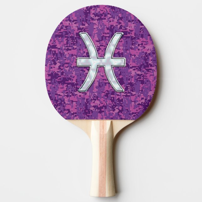 Pisces Zodiac Symbol on Fuchsia Digital Camo Ping-Pong Paddle (Back)