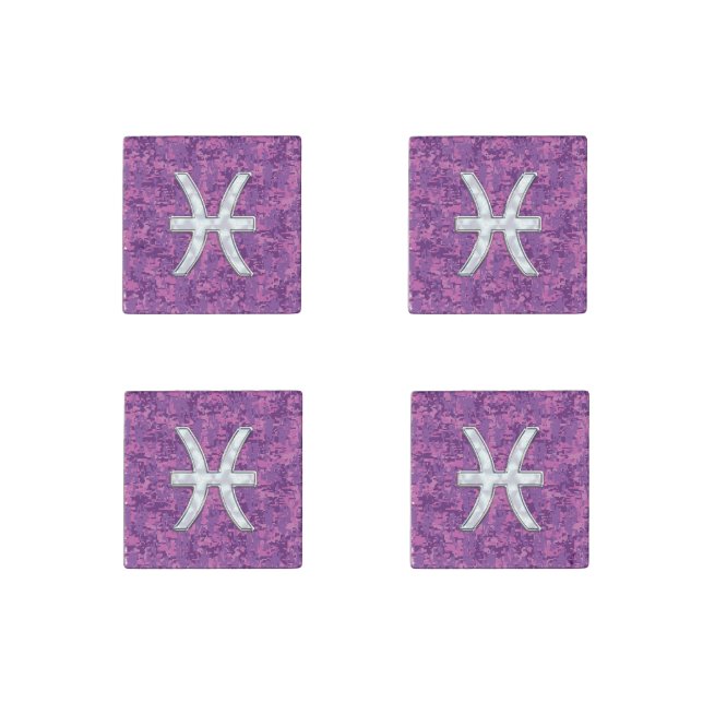 Pisces Zodiac Symbol on Fuchsia Digital Camo Stone Magnet (Front)