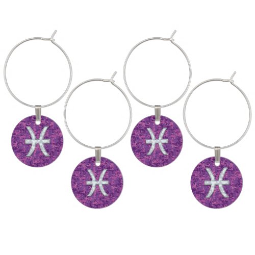 Pisces Zodiac Symbol on Fuchsia Digital Camo Wine Glass Charm