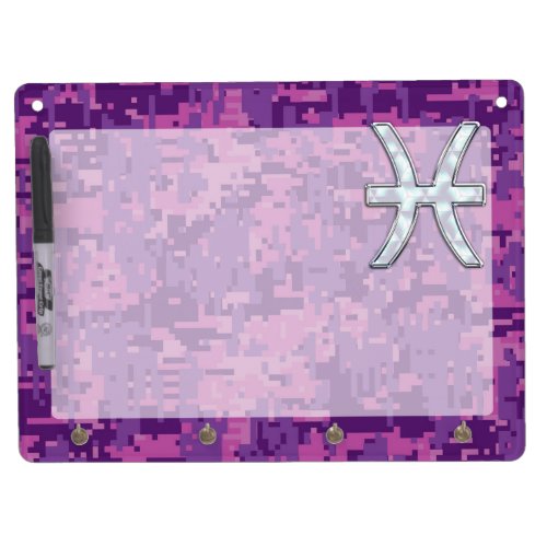 Pisces Zodiac Symbol on Fuchsia Pink Digital Camo Dry Erase Board With Keychain Holder