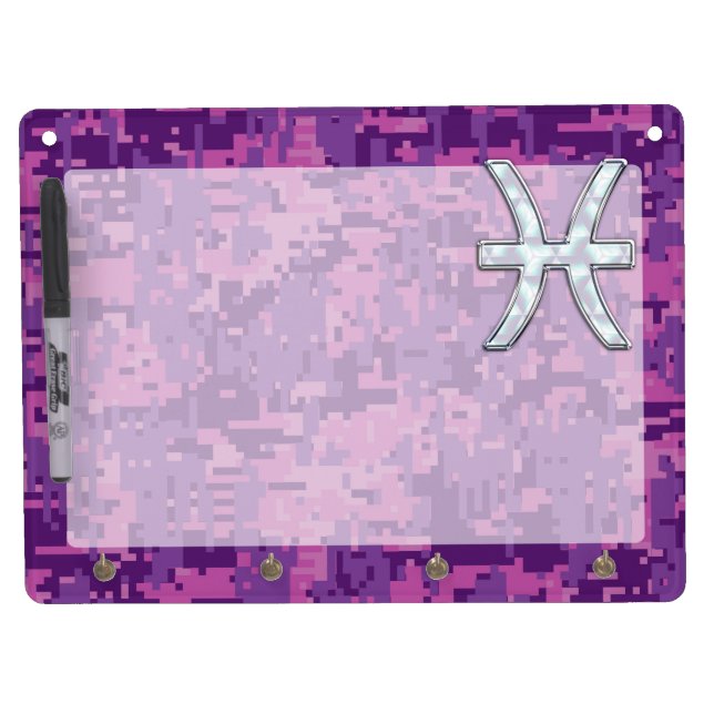 Pisces Zodiac Symbol on Fuchsia Pink Digital Camo Dry Erase Board With Keychain Holder (Front)