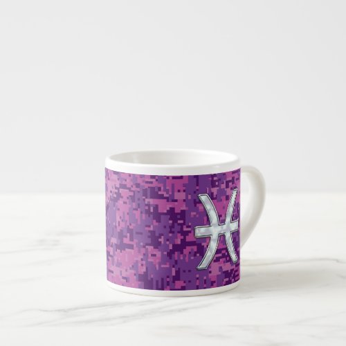 Pisces Zodiac Symbol on Fuchsia Pink Digital Camo Espresso Cup