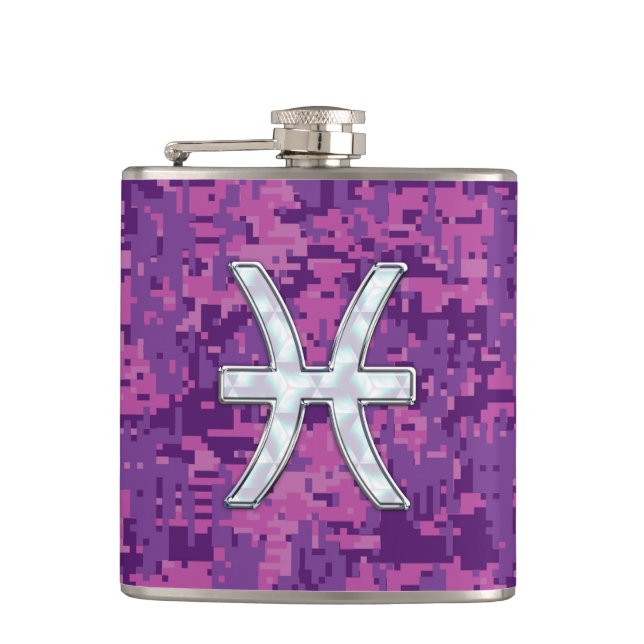 Pisces Zodiac Symbol on Fuchsia Pink Digital Camo Flask (Front)