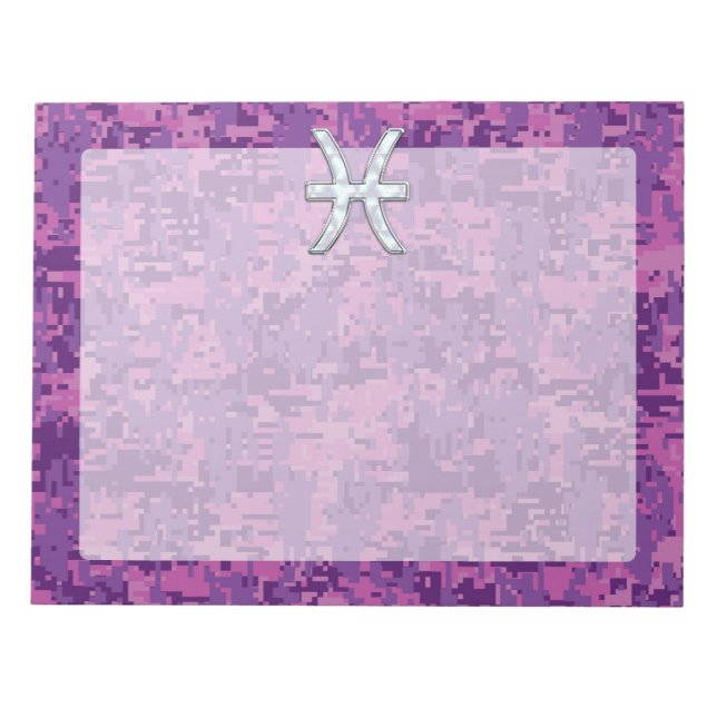 Pisces Zodiac Symbol on Fuchsia Pink Digital Camo Notepad (Front)