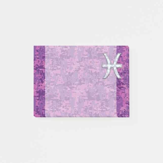 Pisces Zodiac Symbol on Fuchsia Pink Digital Camo Post-it Notes (Front)