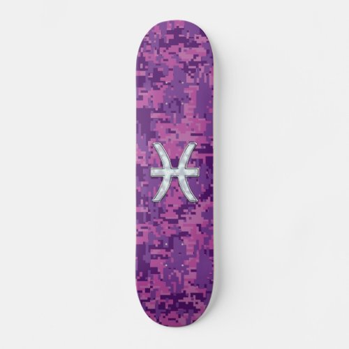 Pisces Zodiac Symbol on Fuchsia Pink Digital Camo Skateboard Deck