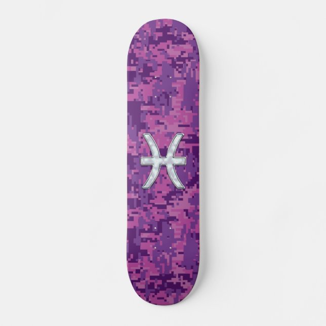 Pisces Zodiac Symbol on Fuchsia Pink Digital Camo Skateboard Deck (Front)