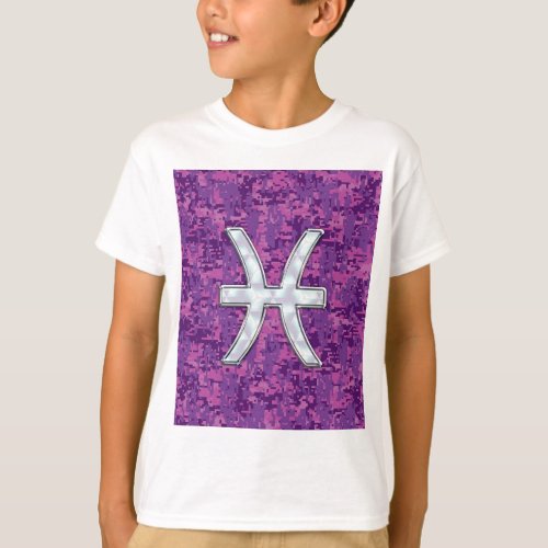 Pisces Zodiac Symbol on Fuchsia Pink Digital Camo T_Shirt