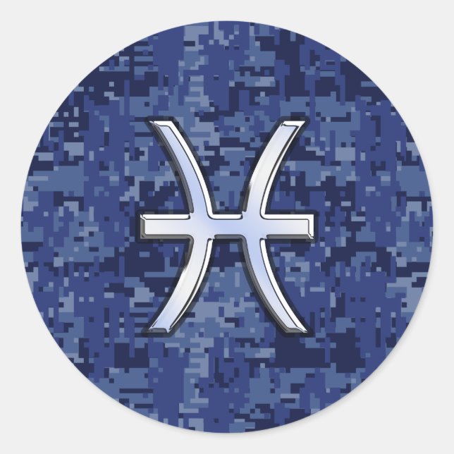Pisces Zodiac Symbol on Navy Blue Digital Camo Classic Round Sticker (Front)