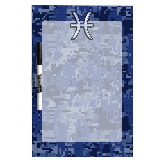 Pisces Zodiac Symbol on Navy Blue Digital Camo Dry Erase Board (Front)