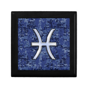 Pisces Zodiac Symbol on Navy Blue Digital Camo Keepsake Box