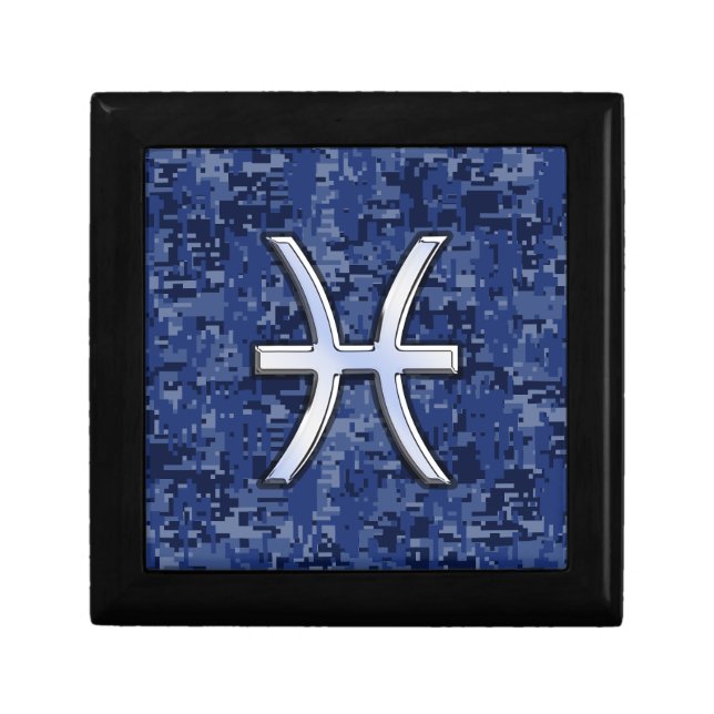 Pisces Zodiac Symbol on Navy Blue Digital Camo Keepsake Box (Front)