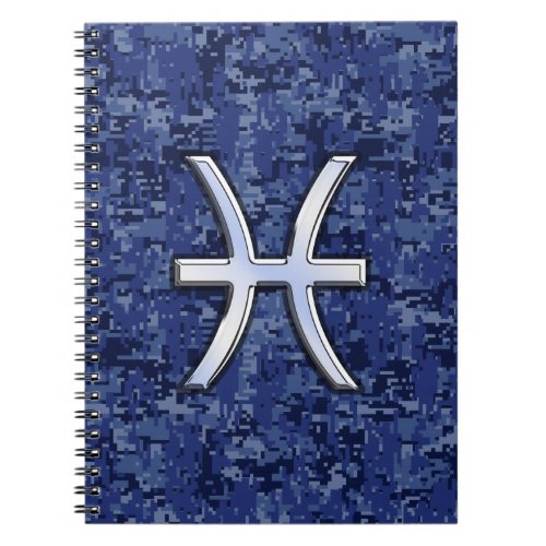 Pisces Zodiac Symbol on Navy Blue Digital Camo Notebook