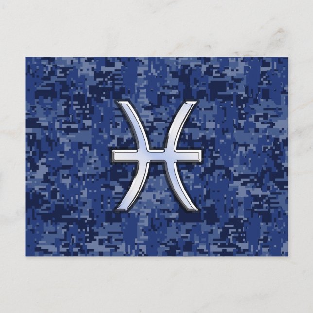 Pisces Zodiac Symbol on Navy Blue Digital Camo Postcard (Front)