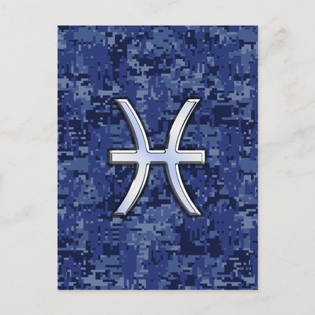 Pisces Zodiac Symbol on Navy Blue Digital Camo Postcard (Front)