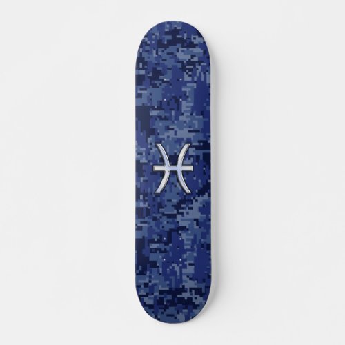 Pisces Zodiac Symbol on Navy Blue Digital Camo Skateboard Deck