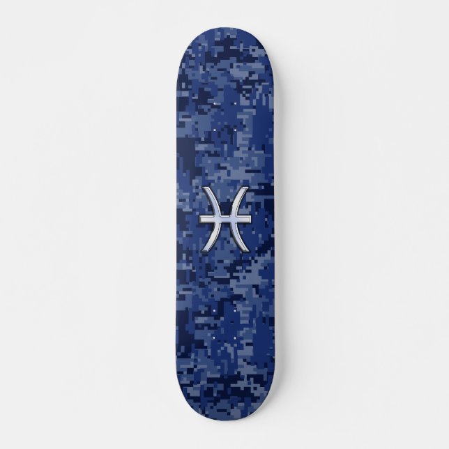 Pisces Zodiac Symbol on Navy Blue Digital Camo Skateboard Deck (Front)