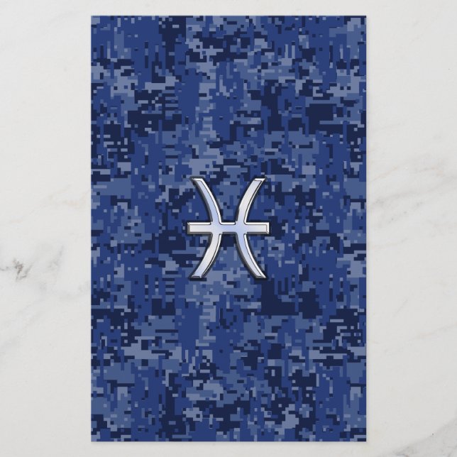 Pisces Zodiac Symbol on Navy Blue Digital Camo Stationery (Front)