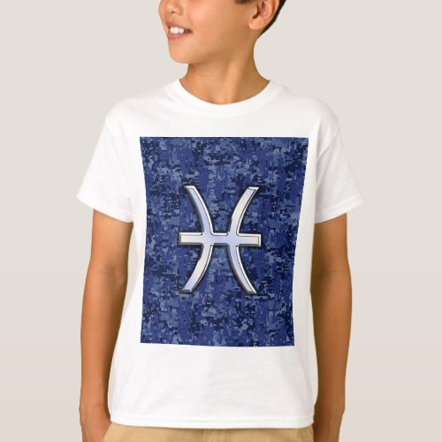 Pisces Zodiac Symbol on Navy Blue Digital Camo T_Shirt