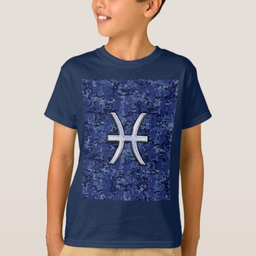 Pisces Zodiac Symbol on Navy Blue Digital Camo T_Shirt