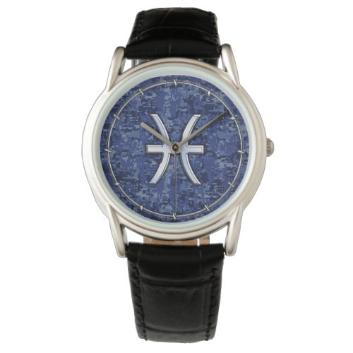 Pisces Zodiac Symbol on Navy Blue Digital Camo Watch