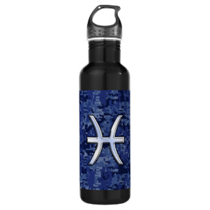 Pisces Zodiac Symbol on Navy Blue Digital Camo Water Bottle