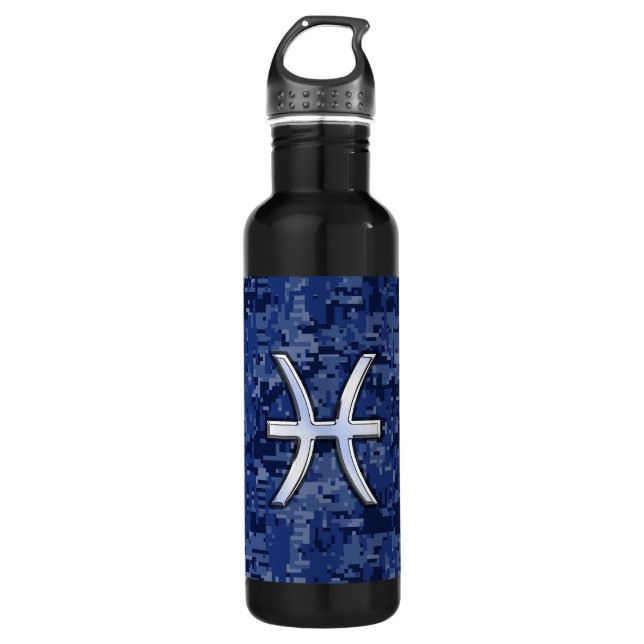 Pisces Zodiac Symbol on Navy Blue Digital Camo Water Bottle (Front)