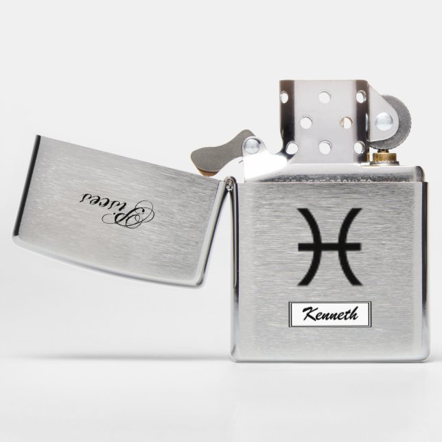 Pisces Zodiac Symbol Standard by Kenneth Yoncich Zippo Lighter (Opened)