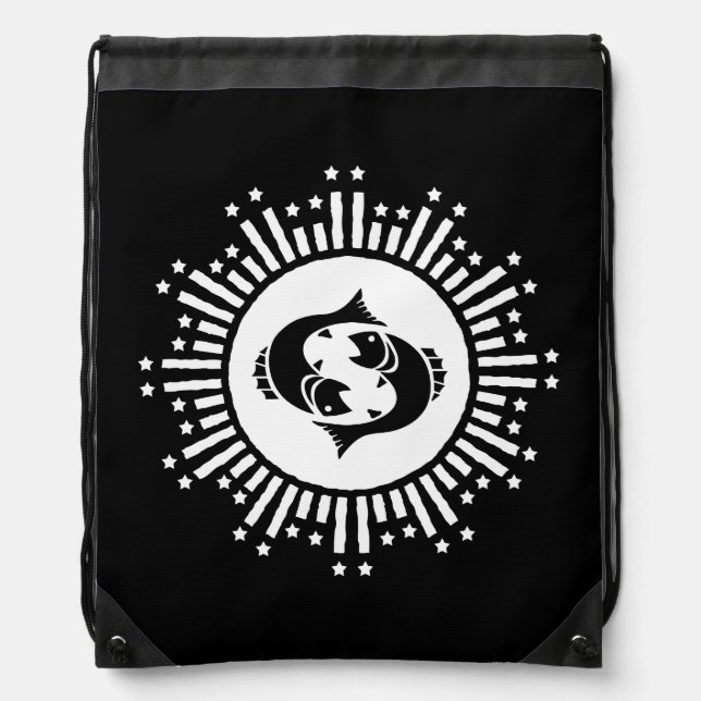 Pisces Zodiac Symbol with Celestial Starburst  Drawstring Bag (Front)