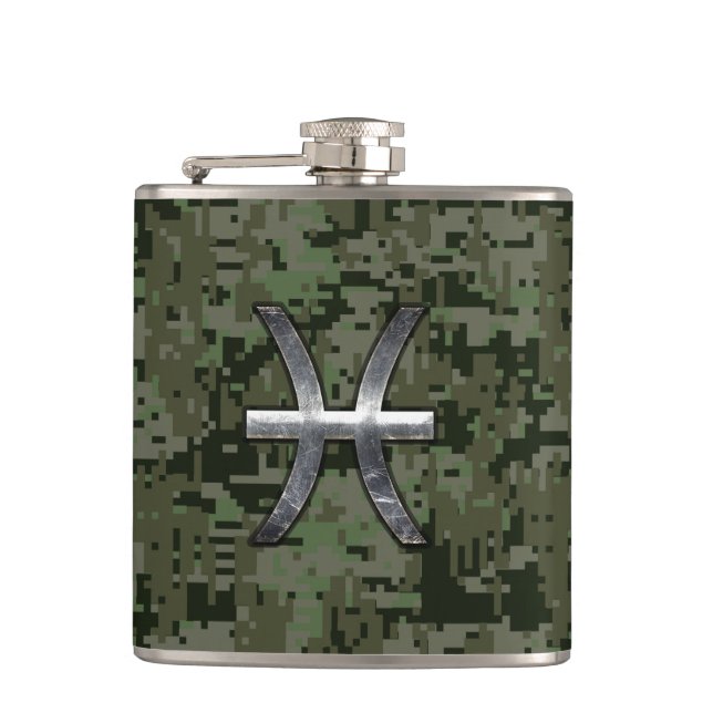 Pisces Zodiac Symbol Woodland Digital Camouflage Flask (Front)