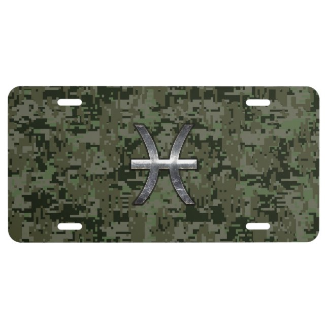 Pisces Zodiac Symbol Woodland Digital Camouflage License Plate (Front)
