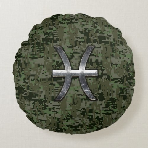 Pisces Zodiac Symbol Woodland Digital Camouflage Round Pillow