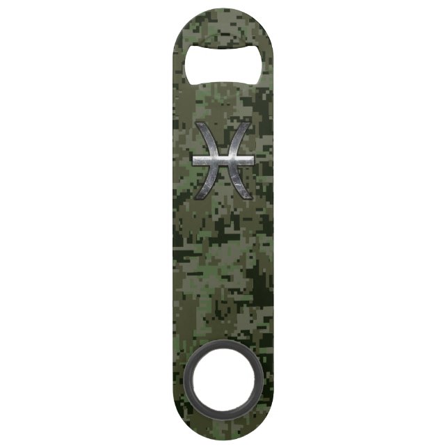 Pisces Zodiac Symbol Woodland Digital Camouflage Speed Bottle Opener (Front)